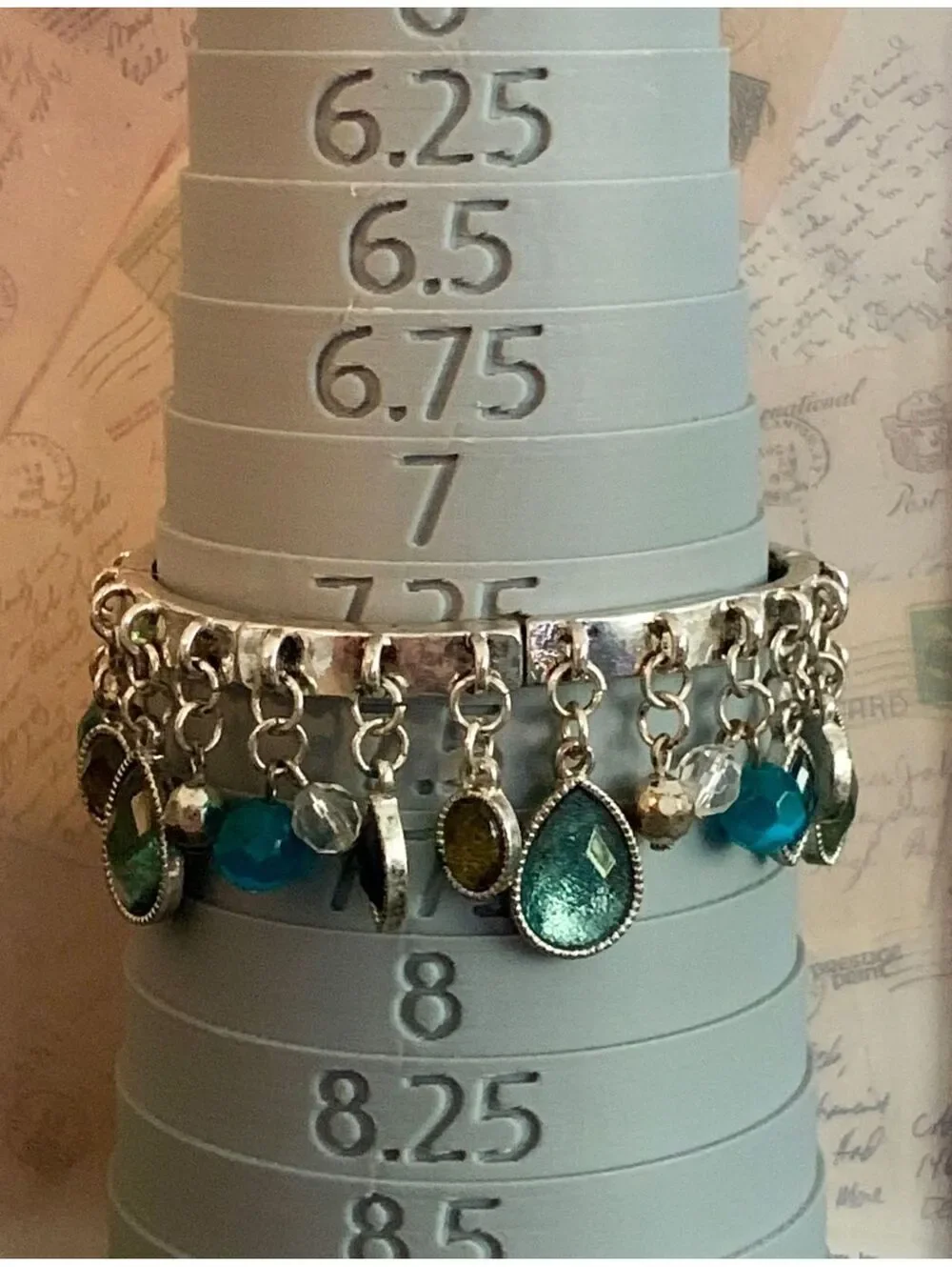Vintage Boho Chic Silver Charm Bracelet with Blue and Green Gem Accents